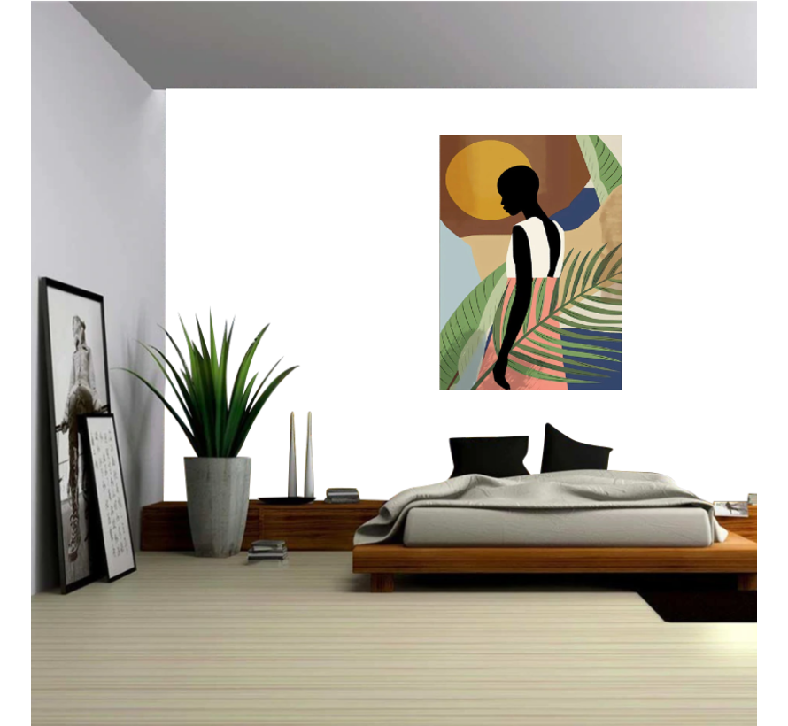 Allernieuwste.nl® Canvas Minimalistische Afrikaanse Vrouw in Zon - Minimalisme - Kleur - 60 x 90 cm
