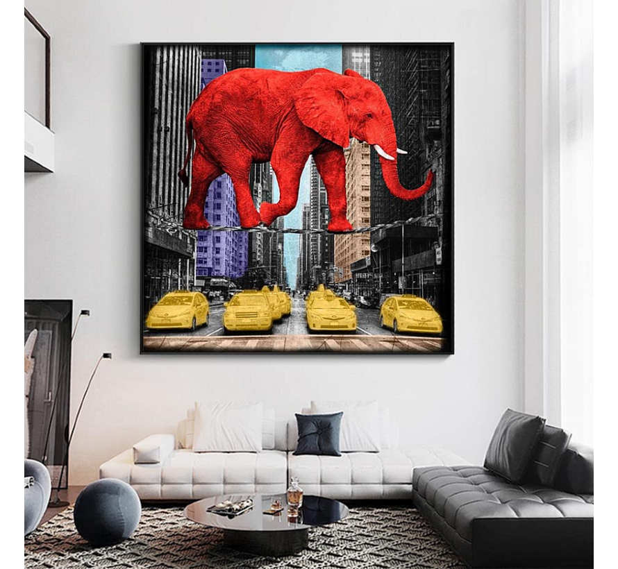 Allernieuwste.nl® Canvas Minimalistische Rode Olifant - Minimalisme Absurdisme - Balancerende Olifant - Kleur - 60 x 60 cm