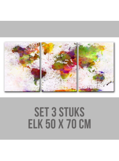 Allernieuwste.nl® Canvas Schilderij SET 3 STUKS Grafitti Wereldkaart Landkaart Aquarel - Graffiti - Kleur - 3x 50x70 cm SET