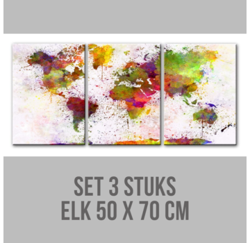 Allernieuwste.nl® Canvas Schilderij SET 3 STUKS Grafitti Wereldkaart Landkaart Aquarel - Graffiti - Kleur - 3x 50x70 cm SET