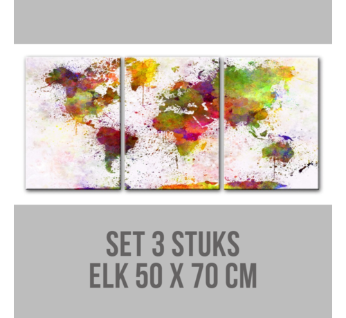 Allernieuwste.nl® Allernieuwste.nl® Canvas Schilderij SET 3 STUKS Grafitti Wereldkaart Landkaart Aquarel - Graffiti - Kleur - 3x 50x70 cm SET