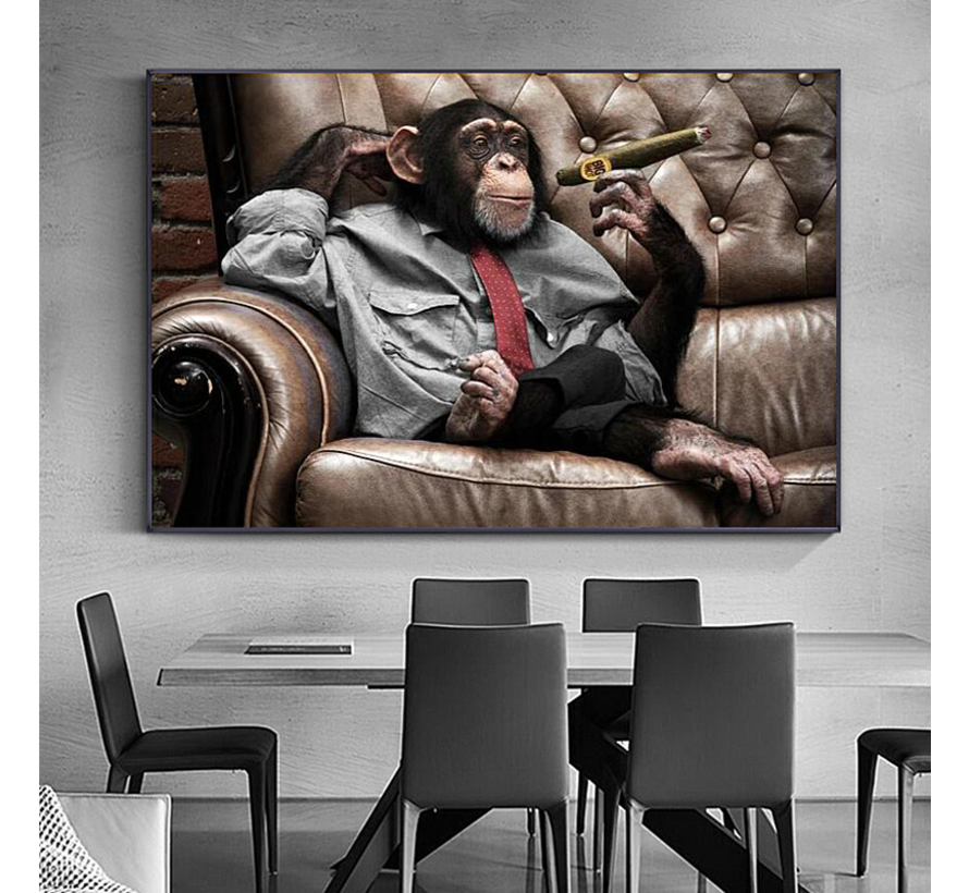 Allernieuwste.nl® Canvas Schilderij Gorilla Aap met Sigaar - PopArt Modern - Dieren - Poster - 60 x 90 cm - Kleur