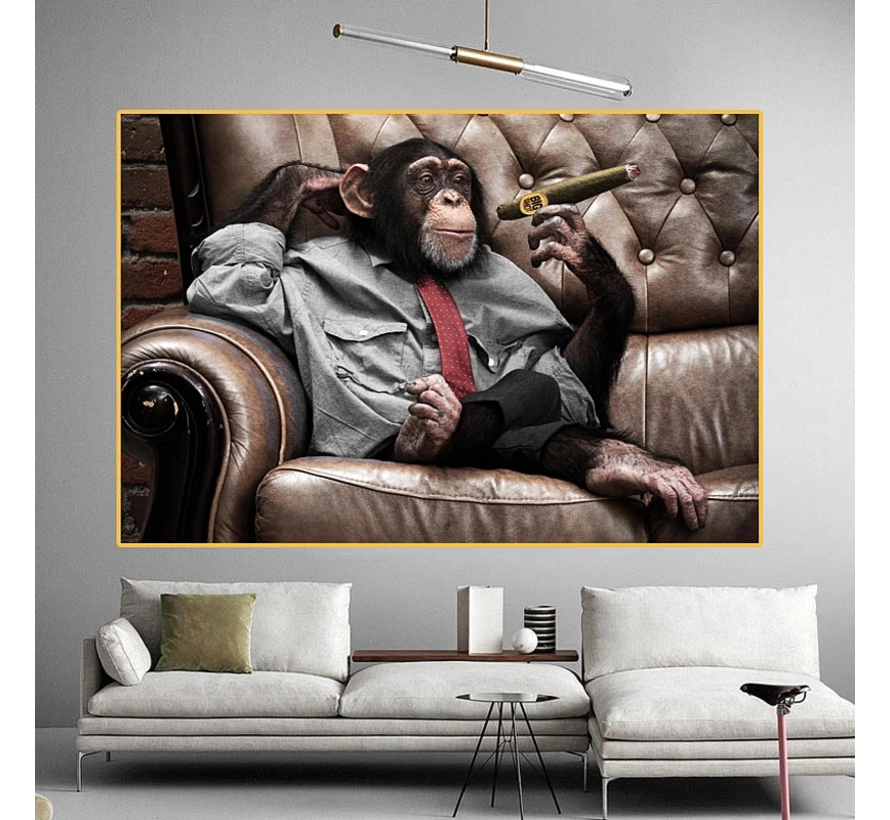 Allernieuwste.nl® Canvas Schilderij Gorilla Aap met Sigaar - PopArt Modern - Dieren - Poster - 60 x 90 cm - Kleur