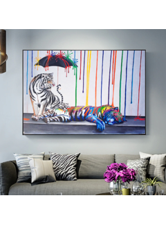 Allernieuwste.nl® Canvas Schilderij Witte Tijgers StreetArt Graffiti - Modern - Dieren - Poster - 50 x 70 cm - Kleur