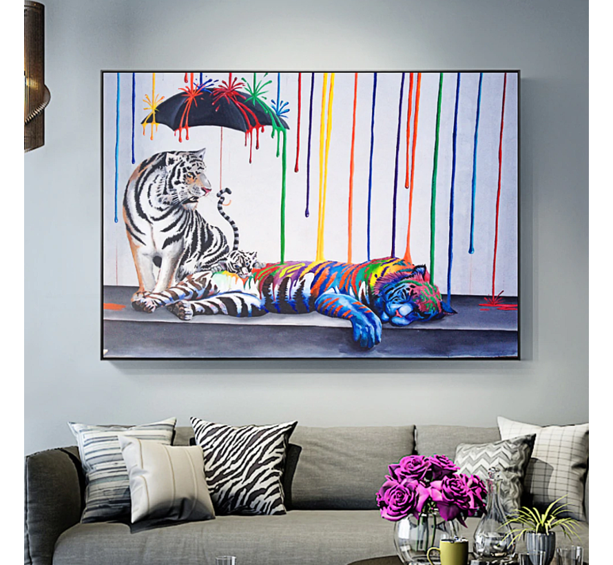 Allernieuwste.nl® Canvas Schilderij Witte Tijgers StreetArt Graffiti - Modern - Dieren - Poster - 50 x 70 cm - Kleur