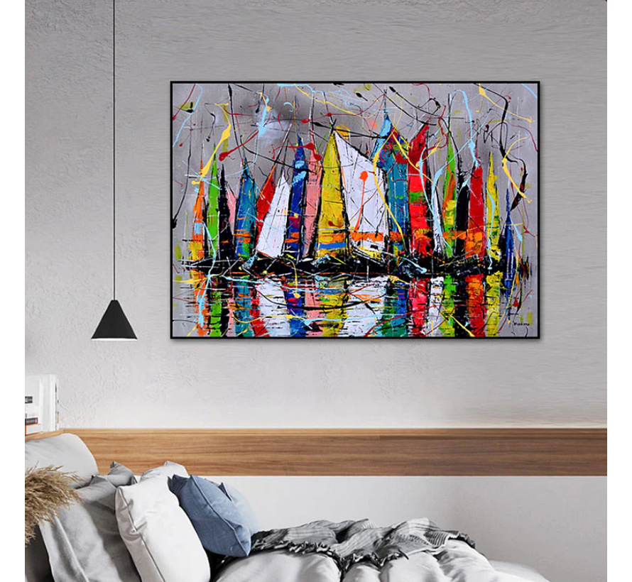 Allernieuwste.nl® Canvas Schilderij Moderne Abstracte Zeilboten - Abstract Modern Graffiti Watersport - kleur - 70 x 100 cm