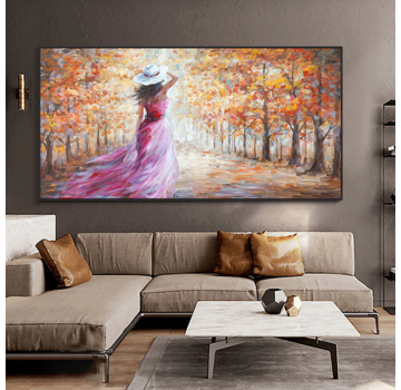 Allernieuwste.nl® Canvas Schilderij Abstract Landschap met Rose Vrouw met Hoed - Abstract Modern Graffiti - woonkamer - Poster - 50 x 100 cm - Kleur