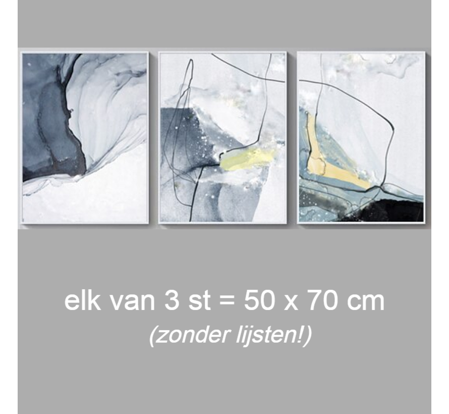 Allernieuwste.nl® 3-Luik Canvas Schilderijen Abstract Modern Blauw-Grijs - Poster - 3x 50x70cm - Kleur