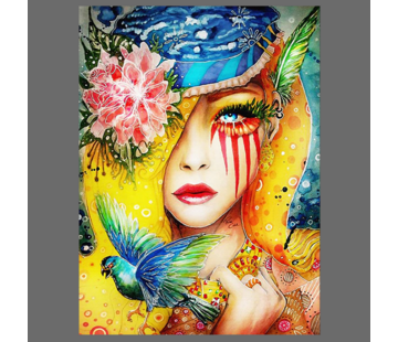 Allernieuwste.nl® Canvas Schilderij Kleurrijke Vrouw met Bloemen en Vogel - Modern - Poster - Dieren - 60 x 80 cm - Kleur