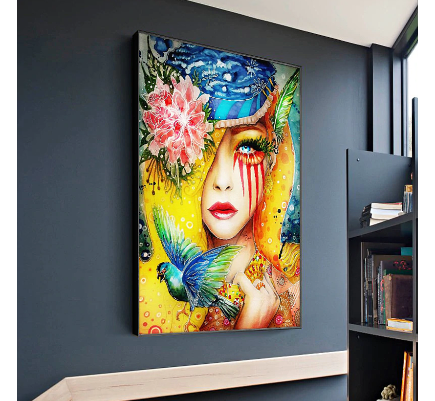 Allernieuwste.nl® Canvas Schilderij Kleurrijke Vrouw met Bloemen en Vogel - Modern - Poster - Dieren - 60 x 80 cm - Kleur
