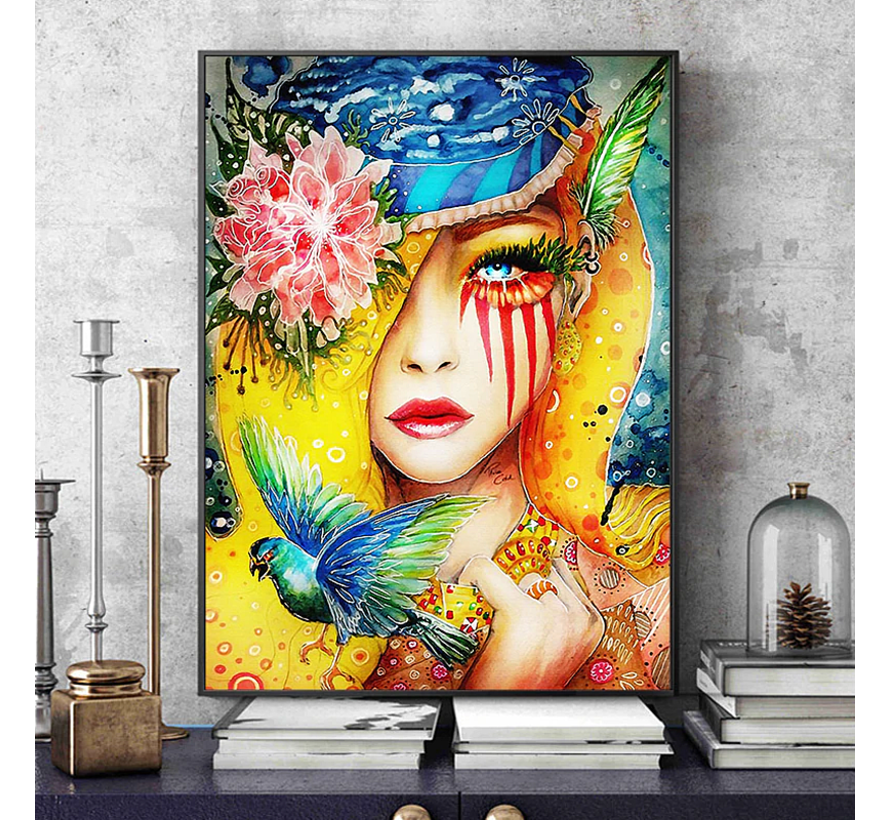 Allernieuwste.nl® Canvas Schilderij Kleurrijke Vrouw met Bloemen en Vogel - Modern - Poster - Dieren - 60 x 80 cm - Kleur