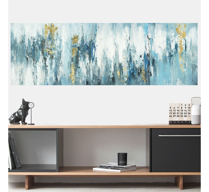 Allernieuwste.nl® Canvas Schilderij Blauw - Goud Abstracte Vormen 2 - Kunst - Poster - 50 x 150 cm - Kleur