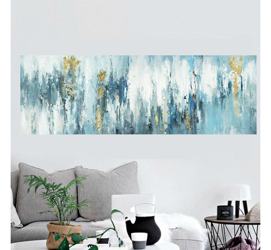 Allernieuwste.nl® Canvas Schilderij Blauw - Goud Abstracte Vormen 2 - Kunst - Poster - 50 x 150 cm - Kleur