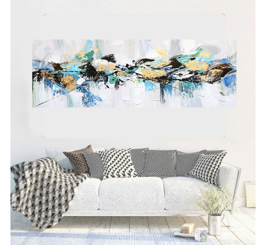 Allernieuwste.nl® Canvas Schilderij Blauw - Goud Abstracte Vormen 1 - Kunst - Poster - 50 x 150 cm - Kleur