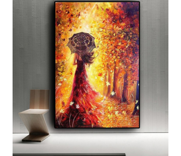 Allernieuwste.nl® Canvas Schilderij * Meisje in Gouden Bos * - Kunst Poster - Modern Abstract - Kleur - 50 x 70 cm