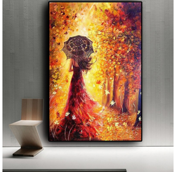 Allernieuwste.nl® Canvas Schilderij * Meisje in Gouden Bos * - Kunst Poster - Modern Abstract - Kleur - 50 x 70 cm