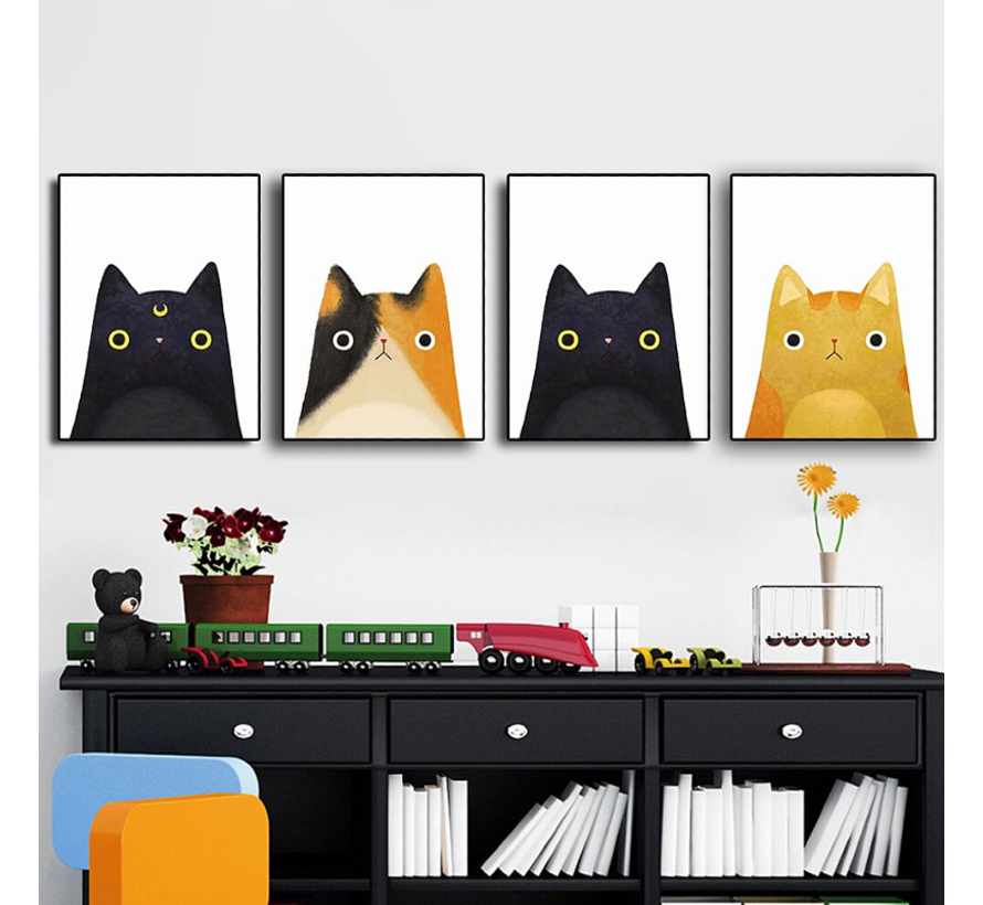 Allernieuwste.nl® Canvas SET van 4 STUKS Poesjes / Kittens - Moderne Katjes - Kleur - Set 4st. elk 30 x 40 cm