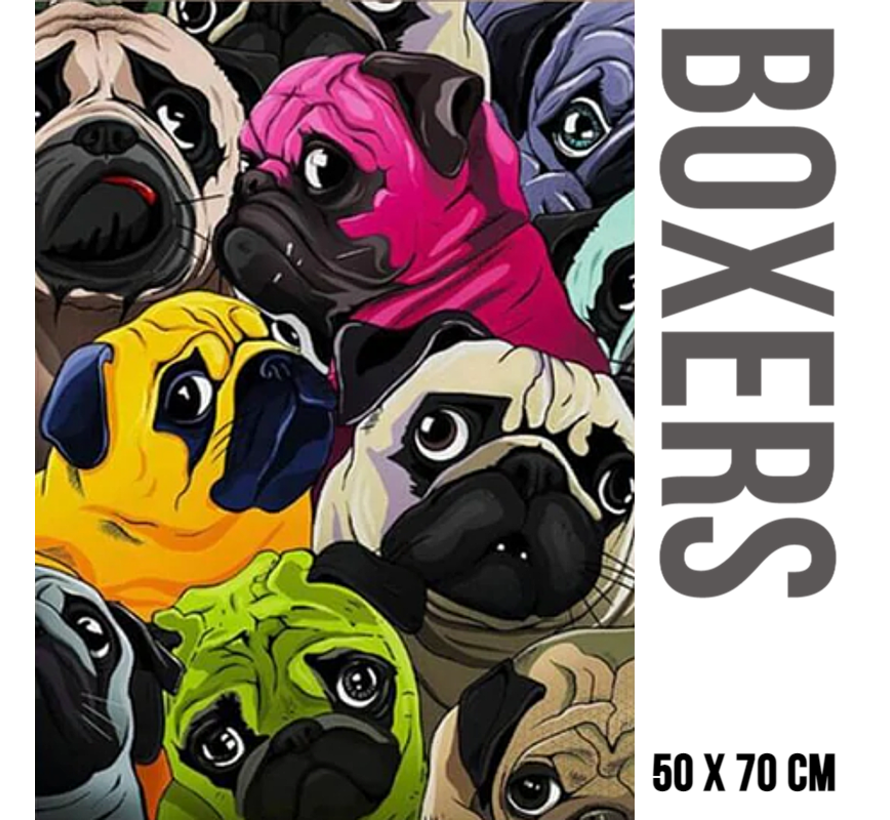 Allernieuwste.nl® Canvas Kleurige Boxers Mopshonden Graffiti - Kleur - Dieren grafitti - 50 x 70 cm