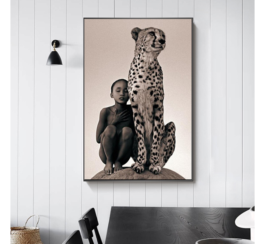 Allernieuwste.nl® Canvas Schilderij Afrikaanse Jongen en Cheetah - Wilde Dieren Afrika Cheeta - 70 x 90 cm