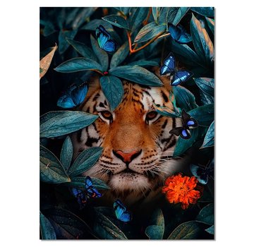 Allernieuwste.nl® Canvas Schilderij Tijger in de Jungle - Modern - Bloemen - Vlinders - Woonkamer - 60 x 80 cm - Kleur