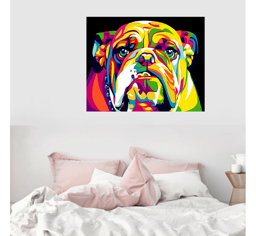 Allernieuwste.nl® Canvas Schilderij Kleurige Bulldog Hond - Dieren - Poster - 50 x 70 cm - Kleur