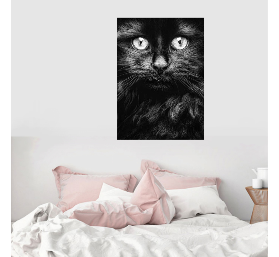 Allernieuwste.nl® Canvas Schilderij Zwarte Kat Poes Kater - Realistisch - Woonkamer - Poster -  50 x 75 cm - Zwart-Wit