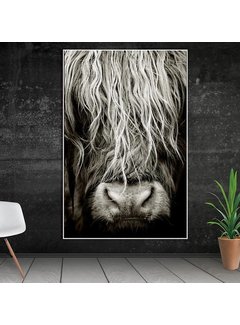 Allernieuwste.nl® Canvas Schilderij Highland Koe Hoogland Ras Close-Up - Modern - 60 x 90 cm - Zwart Wit