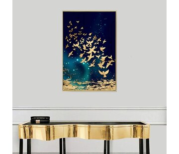 Allernieuwste.nl® Canvas Schilderij Vogels Blauw Goud - Kunst - Modern - Poster - 50 x 70 cm - Kleur