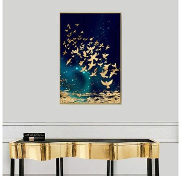 Allernieuwste.nl® Canvas Schilderij Vogels Blauw Goud - Kunst - Modern - Poster - 50 x 70 cm - Kleur