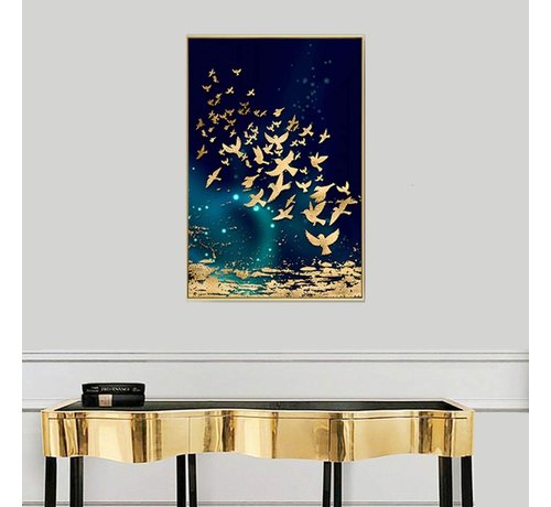 Allernieuwste.nl® Allernieuwste.nl® Canvas Schilderij Vogels Blauw Goud - Kunst - Modern - Poster - 50 x 70 cm - Kleur