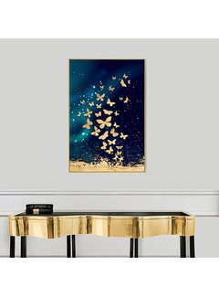 Allernieuwste.nl® Canvas Schilderij Vlinders Blauw Goud - Kunst - Modern - Poster - 50 x 70 cm - Kleur