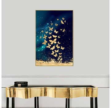 Allernieuwste.nl® Canvas Schilderij Vlinders Blauw Goud - Kunst - Modern - Poster - 50 x 70 cm - Kleur