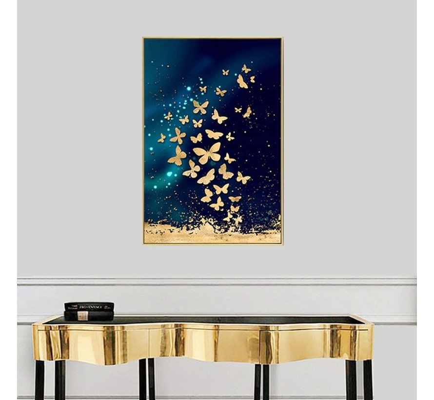 Allernieuwste.nl® Canvas Schilderij Vlinders Blauw Goud - Kunst - Modern - Poster - 50 x 70 cm - Kleur