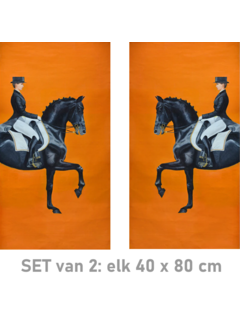 Allernieuwste.nl® 2-Delig Canvas Schilderij Oranje Dressuur Paarden - Modern - Sport - Poster - Set 2x: 40 x 80 cm - Kleur