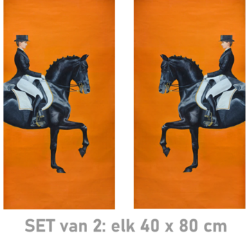 Allernieuwste.nl® 2-Delig Canvas Schilderij Oranje Dressuur Paarden - Modern - Sport - Poster - Set 2x: 40 x 80 cm - Kleur