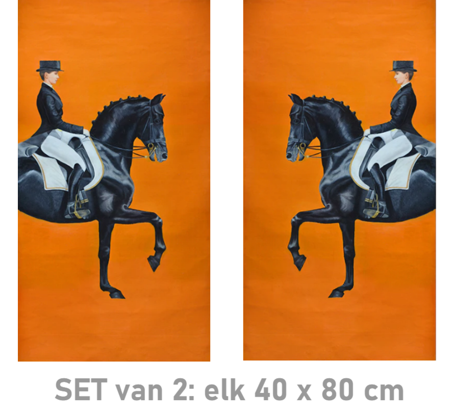 Allernieuwste.nl® 2-Delig Canvas Schilderij Oranje Dressuur Paarden - Modern - Sport - Poster - Set 2x: 40 x 80 cm - Kleur