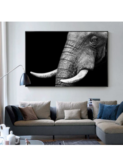 Allernieuwste.nl® Canvas Schilderij * Wijze Olifant Kop * - Kunst Poster - Dieren - Zwart Wit - 60 x 90 cm