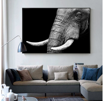 Allernieuwste.nl® Canvas Schilderij * Wijze Olifant Kop * - Kunst Poster - Dieren - Zwart Wit - 60 x 90 cm