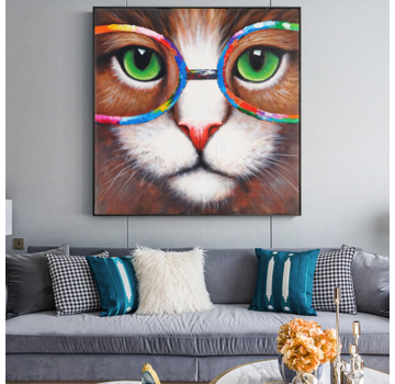 Allernieuwste.nl® Canvas Schilderij * Kitten - Kat met Kleurige Bril * - Kunst Poster - Dieren - Grafitti - Kleur - 50 x 50 cm