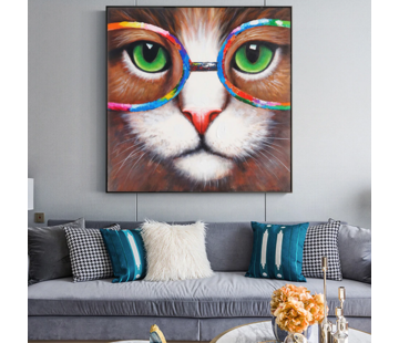 Allernieuwste.nl® Canvas Schilderij * Kitten - Kat met Kleurige Bril * - Kunst Poster - Dieren - Grafitti - Kleur - 70 x 70 cm