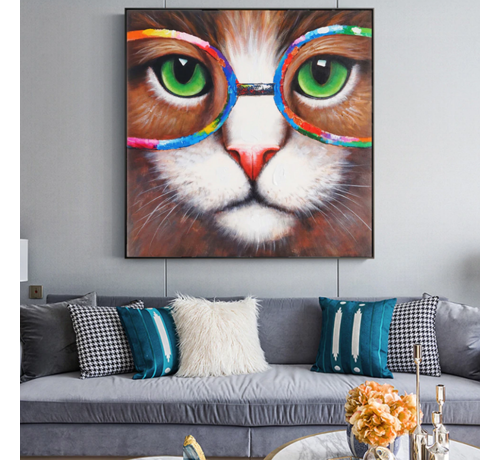 Allernieuwste.nl® Canvas Schilderij * Kitten - Kat met Kleurige Bril * - Kunst Poster - Dieren - Grafitti - Kleur - 70 x 70 cm