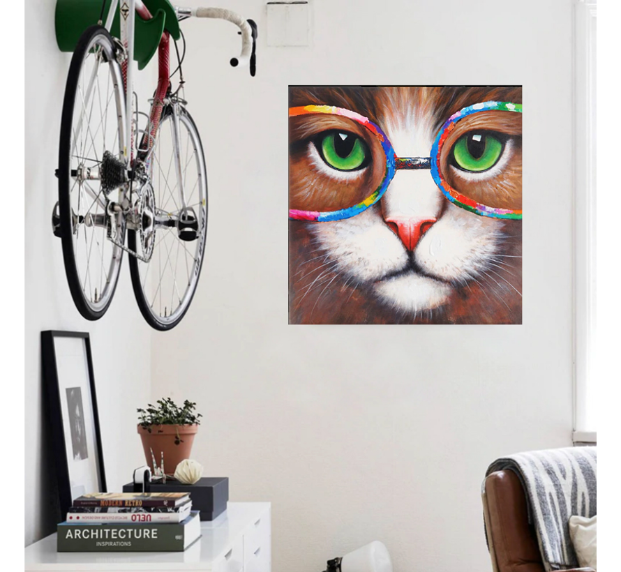 Canvas Schilderij * Kitten - Kat met Kleurige Bril * - Kunst Poster - Dieren - Grafitti - Kleur - 70 x 70 cm