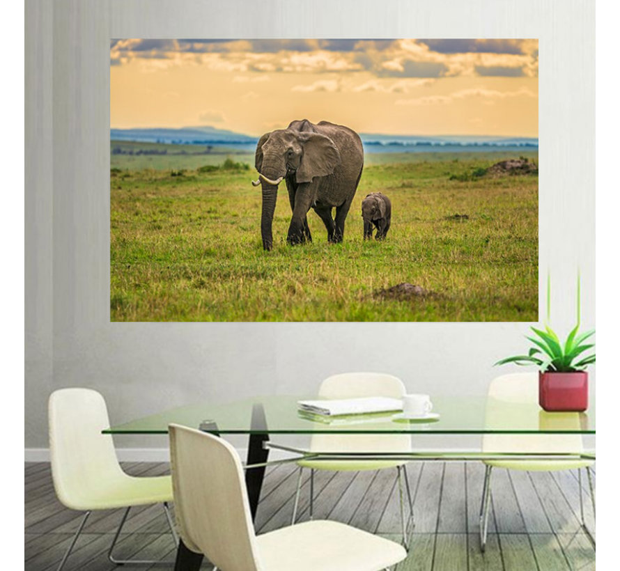 Canvas Schilderij * Olifant met Babyjong Kalf * - Natuur - kleur - 50 x 90 cm