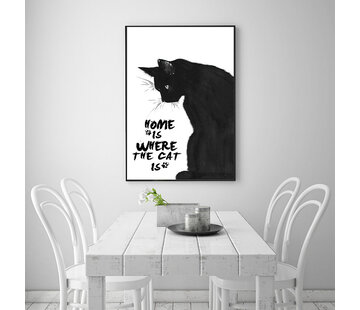 Allernieuwste.nl® Canvas Schilderij * Home is where The Cat is * - Kunst aan je Muur - Kattenliefhebber - Zwart Wit - 50 x 75 cm
