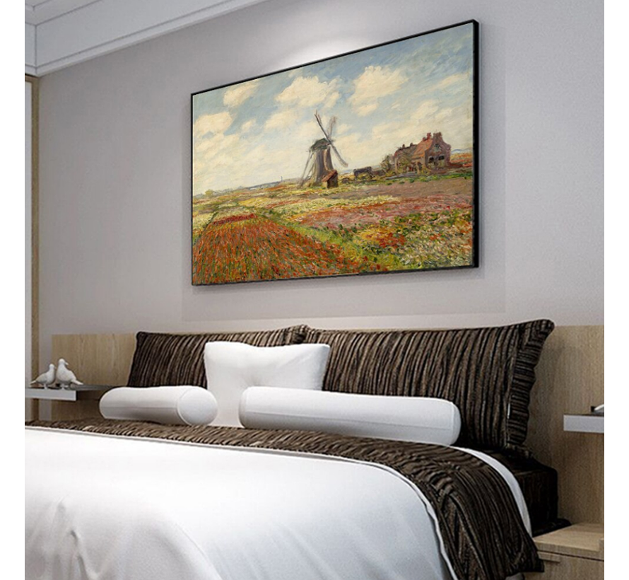 Canvas Schilderij * Claude Monet Bloembollenvelden en Molen bij Rijnsburg * - Kunst aan je Muur - Modern Impressionisme - kleur - 60 x 90 cm