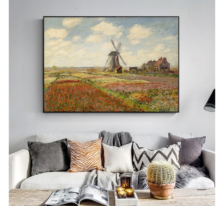 Canvas Schilderij * Claude Monet Bloembollenvelden en Molen bij Rijnsburg * - Kunst aan je Muur - Modern Impressionisme - kleur - 60 x 90 cm