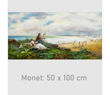 Allernieuwste.nl® Canvas Schilderij Claude Monet Schilderen aan het Strand - Kunst - Impressionisme - Reproductie - 50 x 100cm - Kleur