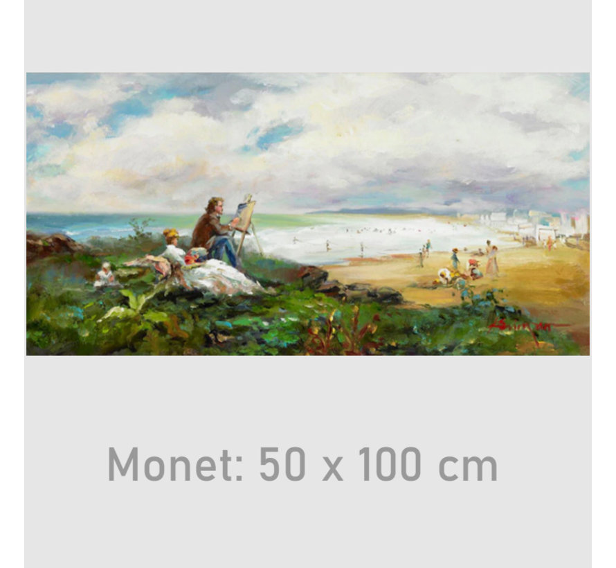 Allernieuwste.nl® Canvas Schilderij Claude Monet Schilderen aan het Strand - Kunst - Impressionisme - Reproductie - 50 x 100cm - Kleur