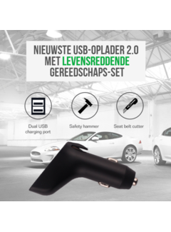 Allernieuwste.nl® 3-in-1 Autolader 2 USB Poorten - Veiligheids Gereedschap Auto - Veiligheidshamer Gordelsnijder Ruitenbreker - 12V-24V 2.4Ax2