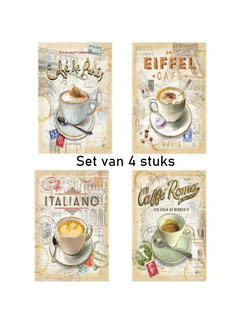 Allernieuwste.nl® SET van 4 st Canvas Schilderij - Internationale Koffie - CafÃƒÂ© * - Kunst aan je Muur - Kleur - SET 4x 40 x 60 cm